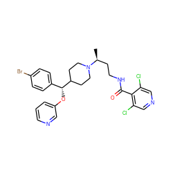 C[C@@H](CCNC(=O)c1c(Cl)cncc1Cl)N1CCC([C@H](Oc2cccnc2)c2ccc(Br)cc2)CC1 ZINC000071319296