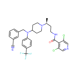 C[C@@H](CCNC(=O)c1c(Cl)cncc1Cl)N1CCC(N(Cc2cccc(C#N)c2)c2ccc(C(F)(F)F)cc2)CC1 ZINC000082157459