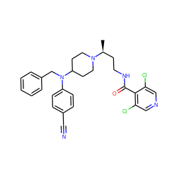 C[C@@H](CCNC(=O)c1c(Cl)cncc1Cl)N1CCC(N(Cc2ccccc2)c2ccc(C#N)cc2)CC1 ZINC000082154120