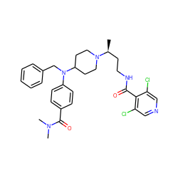 C[C@@H](CCNC(=O)c1c(Cl)cncc1Cl)N1CCC(N(Cc2ccccc2)c2ccc(C(=O)N(C)C)cc2)CC1 ZINC000082150780