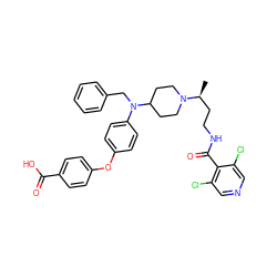 C[C@@H](CCNC(=O)c1c(Cl)cncc1Cl)N1CCC(N(Cc2ccccc2)c2ccc(Oc3ccc(C(=O)O)cc3)cc2)CC1 ZINC000082150786