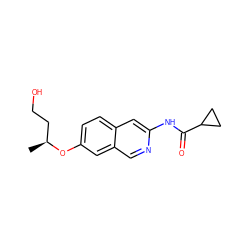 C[C@@H](CCO)Oc1ccc2cc(NC(=O)C3CC3)ncc2c1 ZINC000144356206