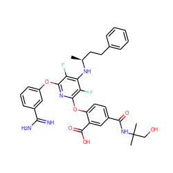 C[C@@H](CCc1ccccc1)Nc1c(F)c(Oc2cccc(C(=N)N)c2)nc(Oc2ccc(C(=O)NC(C)(C)CO)cc2C(=O)O)c1F ZINC000028526051