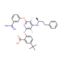 C[C@@H](CCc1ccccc1)Nc1c(F)c(Oc2cccc(C(=N)N)c2)nc(Oc2ccc(C(C)(C)C)cc2C(=O)O)c1F ZINC000028523423