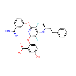 C[C@@H](CCc1ccccc1)Nc1c(F)c(Oc2cccc(C(=N)N)c2)nc(Oc2ccc(O)cc2C(=O)O)c1F ZINC000028525155