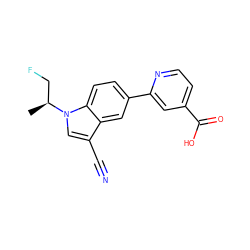 C[C@@H](CF)n1cc(C#N)c2cc(-c3cc(C(=O)O)ccn3)ccc21 ZINC000116763190