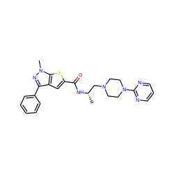 C[C@@H](CN1CCN(c2ncccn2)CC1)NC(=O)c1cc2c(-c3ccccc3)nn(C)c2s1 ZINC000045357293