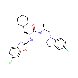 C[C@@H](CN1CCc2cc(F)ccc21)NC(=O)[C@H](CC1CCCCC1)Nc1nc2ccc(Cl)cc2o1 ZINC000014971638