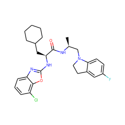 C[C@@H](CN1CCc2cc(F)ccc21)NC(=O)[C@H](CC1CCCCC1)Nc1nc2cccc(Cl)c2o1 ZINC000014971614