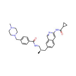 C[C@@H](CNC(=O)c1ccc(CN2CCN(C)CC2)cc1)Cc1ccc2cc(NC(=O)C3CC3)ncc2c1 ZINC000144686720