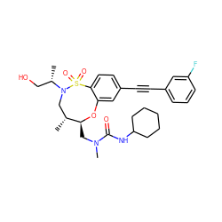 C[C@@H](CO)N1C[C@@H](C)[C@H](CN(C)C(=O)NC2CCCCC2)Oc2cc(C#Cc3cccc(F)c3)ccc2S1(=O)=O ZINC000095733195