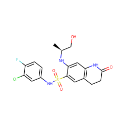 C[C@@H](CO)Nc1cc2c(cc1S(=O)(=O)Nc1ccc(F)c(Cl)c1)CCC(=O)N2 ZINC000073195748