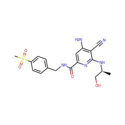 C[C@@H](CO)Nc1nc(C(=O)NCc2ccc(S(C)(=O)=O)cc2)cc(N)c1C#N ZINC000038145042