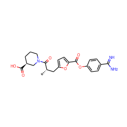 C[C@@H](Cc1ccc(C(=O)Oc2ccc(C(=N)N)cc2)o1)C(=O)N1CCC[C@H](C(=O)O)C1 ZINC000145972526