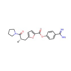 C[C@@H](Cc1ccc(C(=O)Oc2ccc(C(=N)N)cc2)o1)C(=O)N1CCCC1 ZINC000145959319