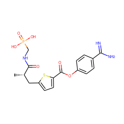 C[C@@H](Cc1ccc(C(=O)Oc2ccc(C(=N)N)cc2)s1)C(=O)NCP(=O)(O)O ZINC000145974346