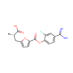 C[C@@H](Cc1ccc(C(=O)Oc2ccc(C(=N)N)cc2F)o1)C(=O)O ZINC000144312457