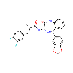 C[C@@H](Cc1ccc(F)c(F)c1)C(=O)N[C@H]1N=C(c2ccc3c(c2)OCO3)c2ccccc2NC1=O ZINC000013587629