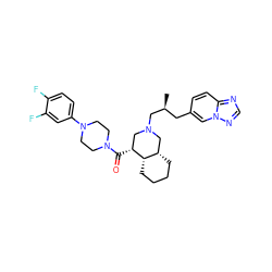 C[C@@H](Cc1ccc2ncnn2c1)CN1C[C@@H](C(=O)N2CCN(c3ccc(F)c(F)c3)CC2)[C@H]2CCCC[C@H]2C1 ZINC000049615315