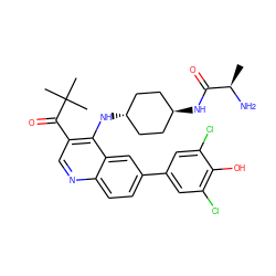 C[C@@H](N)C(=O)N[C@H]1CC[C@H](Nc2c(C(=O)C(C)(C)C)cnc3ccc(-c4cc(Cl)c(O)c(Cl)c4)cc23)CC1 ZINC000473197784