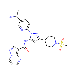 C[C@@H](N)c1ccc(-n2nc(C3CCN(S(C)(=O)=O)CC3)cc2NC(=O)c2cnn3cccnc23)nc1 ZINC000204758313