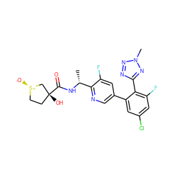 C[C@@H](NC(=O)[C@]1(O)CC[S@@+]([O-])C1)c1ncc(-c2cc(Cl)cc(F)c2-c2nnn(C)n2)cc1F ZINC000040940143