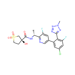 C[C@@H](NC(=O)[C@]1(O)CCS(=O)(=O)C1)c1ncc(-c2cc(Cl)cc(F)c2-c2nnn(C)n2)cc1F ZINC000040940151