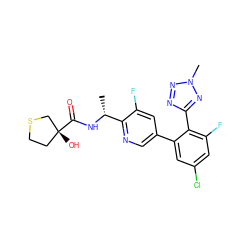 C[C@@H](NC(=O)[C@]1(O)CCSC1)c1ncc(-c2cc(Cl)cc(F)c2-c2nnn(C)n2)cc1F ZINC000040975103