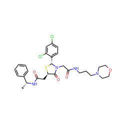 C[C@@H](NC(=O)C[C@H]1S[C@H](c2ccc(Cl)cc2Cl)N(CC(=O)NCCCN2CCOCC2)C1=O)c1ccccc1 ZINC000029391585