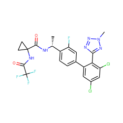 C[C@@H](NC(=O)C1(NC(=O)C(F)(F)F)CC1)c1ccc(-c2cc(Cl)cc(Cl)c2-c2nnn(C)n2)cc1F ZINC000028822439