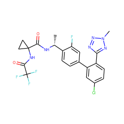 C[C@@H](NC(=O)C1(NC(=O)C(F)(F)F)CC1)c1ccc(-c2cc(Cl)ccc2-c2nnn(C)n2)cc1F ZINC000028822405