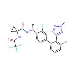 C[C@@H](NC(=O)C1(NC(=O)C(F)(F)F)CC1)c1ccc(-c2cccc(Cl)c2-c2nnn(C)n2)cc1F ZINC000035090697