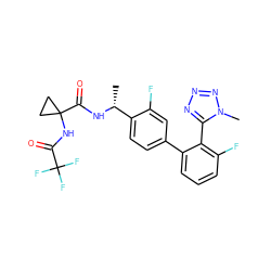 C[C@@H](NC(=O)C1(NC(=O)C(F)(F)F)CC1)c1ccc(-c2cccc(F)c2-c2nnnn2C)cc1F ZINC000035090743