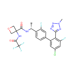 C[C@@H](NC(=O)C1(NC(=O)C(F)(F)F)COC1)c1ccc(-c2cc(Cl)cc(F)c2-c2nnn(C)n2)cc1F ZINC000169710381