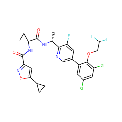 C[C@@H](NC(=O)C1(NC(=O)c2cc(C3CC3)on2)CC1)c1ncc(-c2cc(Cl)cc(Cl)c2OCC(F)F)cc1F ZINC000029128869