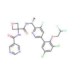 C[C@@H](NC(=O)C1(NC(=O)c2cncnc2)COC1)c1ncc(-c2cc(Cl)cc(Cl)c2OCC(F)F)cc1F ZINC000169710367