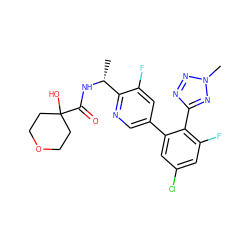 C[C@@H](NC(=O)C1(O)CCOCC1)c1ncc(-c2cc(Cl)cc(F)c2-c2nnn(C)n2)cc1F ZINC000040939282