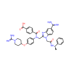 C[C@@H](NC(=O)Cn1c(CN(C(=O)c2ccc(C(=O)O)cc2)c2ccc(OC3CCN(C(=N)N)CC3)cc2)nc2cc(C(=N)N)ccc21)c1ccccc1 ZINC000084728083