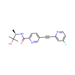 C[C@@H](NC(=O)c1ccc(C#Cc2cc(F)ccn2)cn1)C(C)(C)O ZINC000096933568