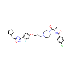 C[C@@H](NC(=O)c1ccc(Cl)cc1)C(=O)N1CCCN(CCCOc2ccc(-c3noc(CC4CCCC4)n3)c(F)c2)CC1 ZINC000027733512