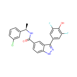 C[C@@H](NC(=O)c1ccc2[nH]nc(-c3cc(F)c(O)c(F)c3)c2c1)c1cccc(Cl)c1 ZINC000653850151