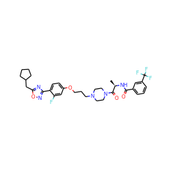 C[C@@H](NC(=O)c1cccc(C(F)(F)F)c1)C(=O)N1CCN(CCCOc2ccc(-c3noc(CC4CCCC4)n3)c(F)c2)CC1 ZINC000027741422