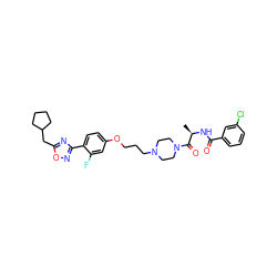 C[C@@H](NC(=O)c1cccc(Cl)c1)C(=O)N1CCN(CCCOc2ccc(-c3noc(CC4CCCC4)n3)c(F)c2)CC1 ZINC000027734029