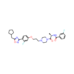 C[C@@H](NC(=O)c1cccc(F)c1)C(=O)N1CCN(CCCOc2ccc(-c3noc(CC4CCCC4)n3)c(F)c2)CC1 ZINC000027733254