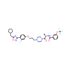 C[C@@H](NC(=O)c1cccc(OC(F)(F)F)c1)C(=O)N1CCN(CCCOc2ccc(-c3noc(CC4CCCC4)n3)c(F)c2)CC1 ZINC000027741415