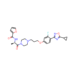 C[C@@H](NC(=O)c1ccco1)C(=O)N1CCN(CCCOc2ccc(-c3noc(C4CC4)n3)c(F)c2)CC1 ZINC000013589354