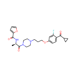 C[C@@H](NC(=O)c1ccco1)C(=O)N1CCN(CCCOc2ccc(C(=O)C3CC3)c(F)c2)CC1 ZINC000027740650