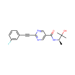 C[C@@H](NC(=O)c1cnc(C#Cc2cccc(F)c2)nc1)C(C)(C)O ZINC000096933601