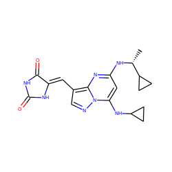 C[C@@H](Nc1cc(NC2CC2)n2ncc(/C=C3\NC(=O)NC3=O)c2n1)C1CC1 ZINC000205015592