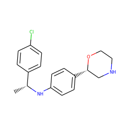 C[C@@H](Nc1ccc([C@H]2CNCCO2)cc1)c1ccc(Cl)cc1 ZINC000149979809